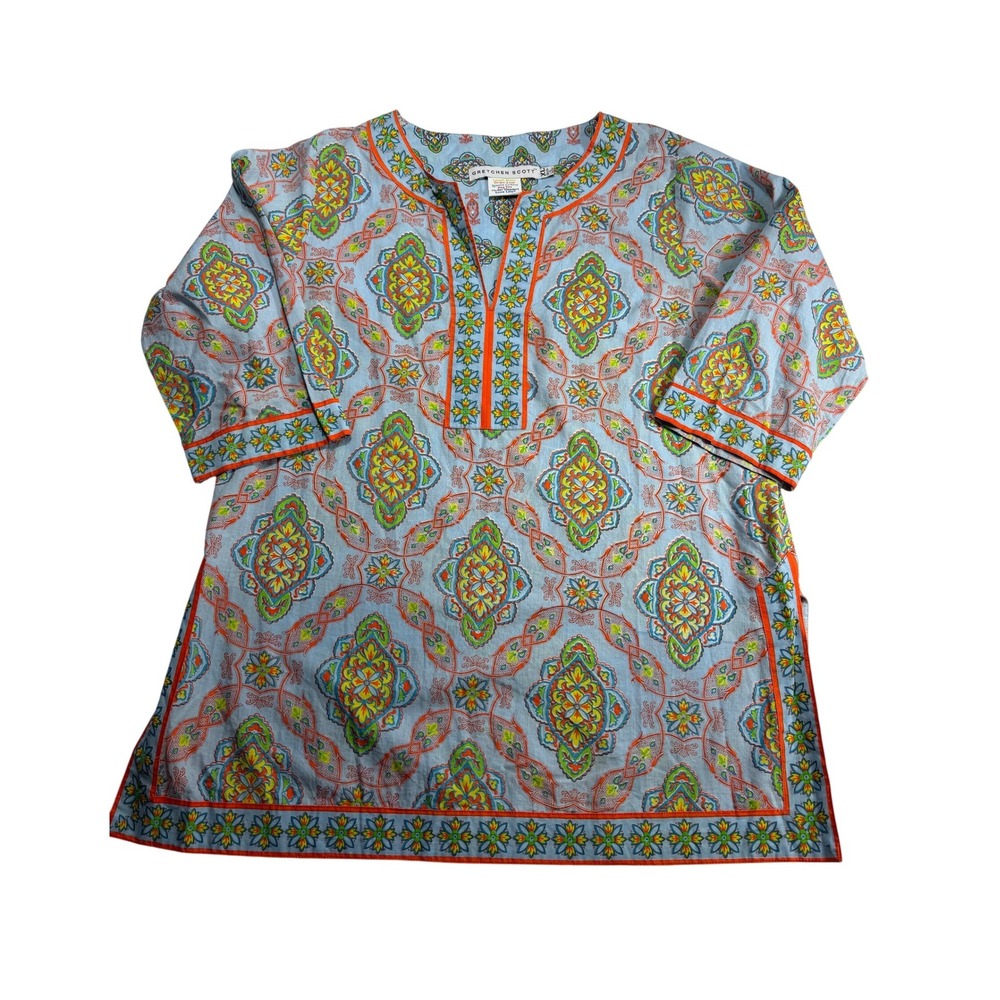 Gretchen Scott Womens XL Blue Orange Medallion Print Cotton Tunic Top 3/4 Sleeve